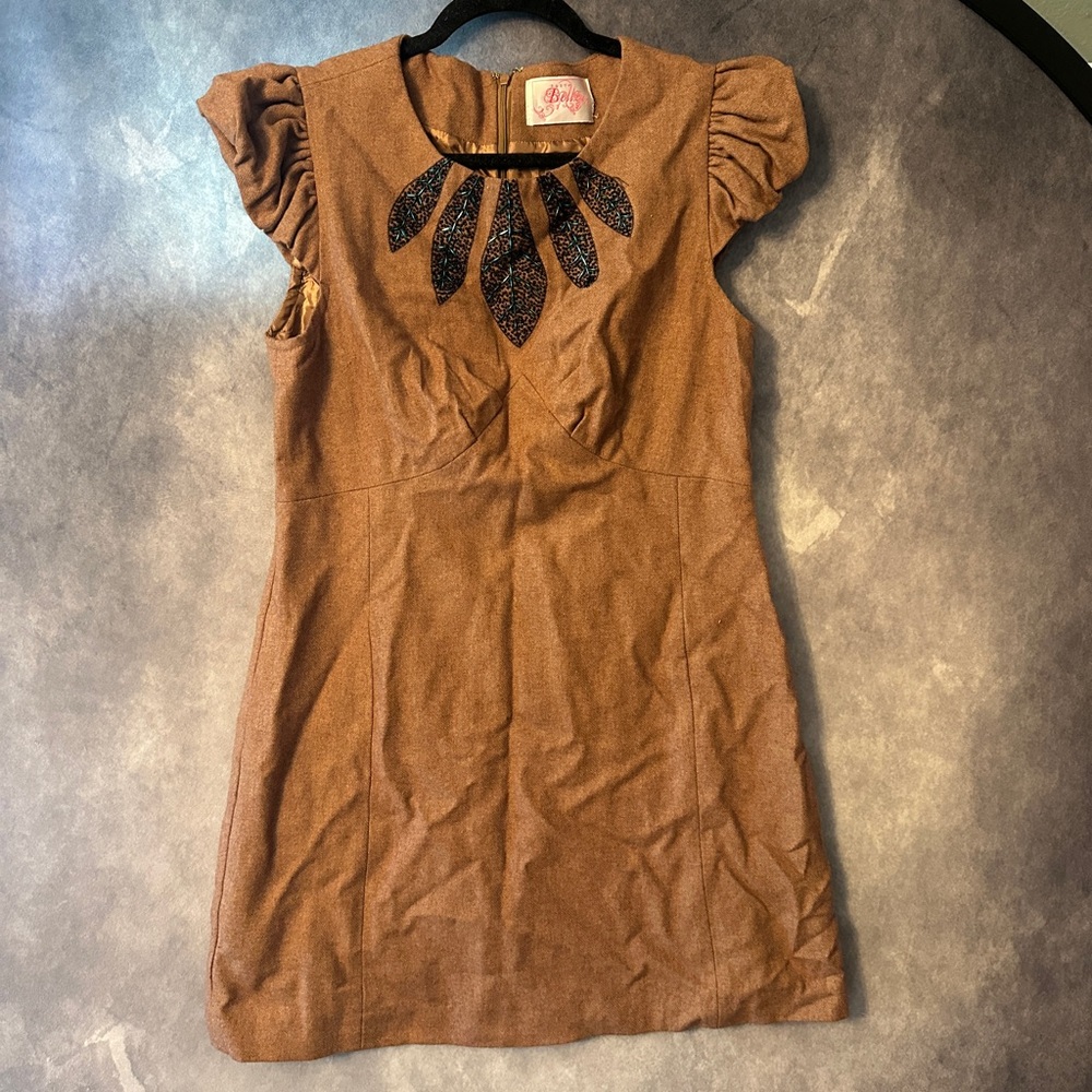 Ruby Belle Warm Tan Dress with Fun Embellishments